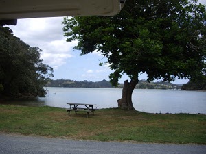 The view from the back of our camper van right now in Paihia, close to the Bay of Islands..
