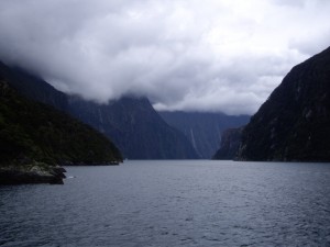 Looking down the waterway at Milford Sound.