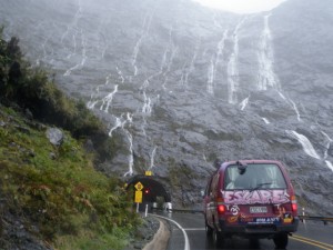 One of the only times I'll be OK with pouring rain, in Milford Sound.  Did we mention you have to drive through 2km of mountain to get there (and it took 17 years to build that tunnel)?
