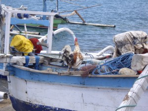 A chicken eating garbage out of a boat