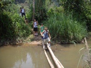 Crossing a very unstable bamboo bridge
