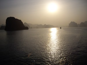 Sun setting over Halong Bay, Vietnam
